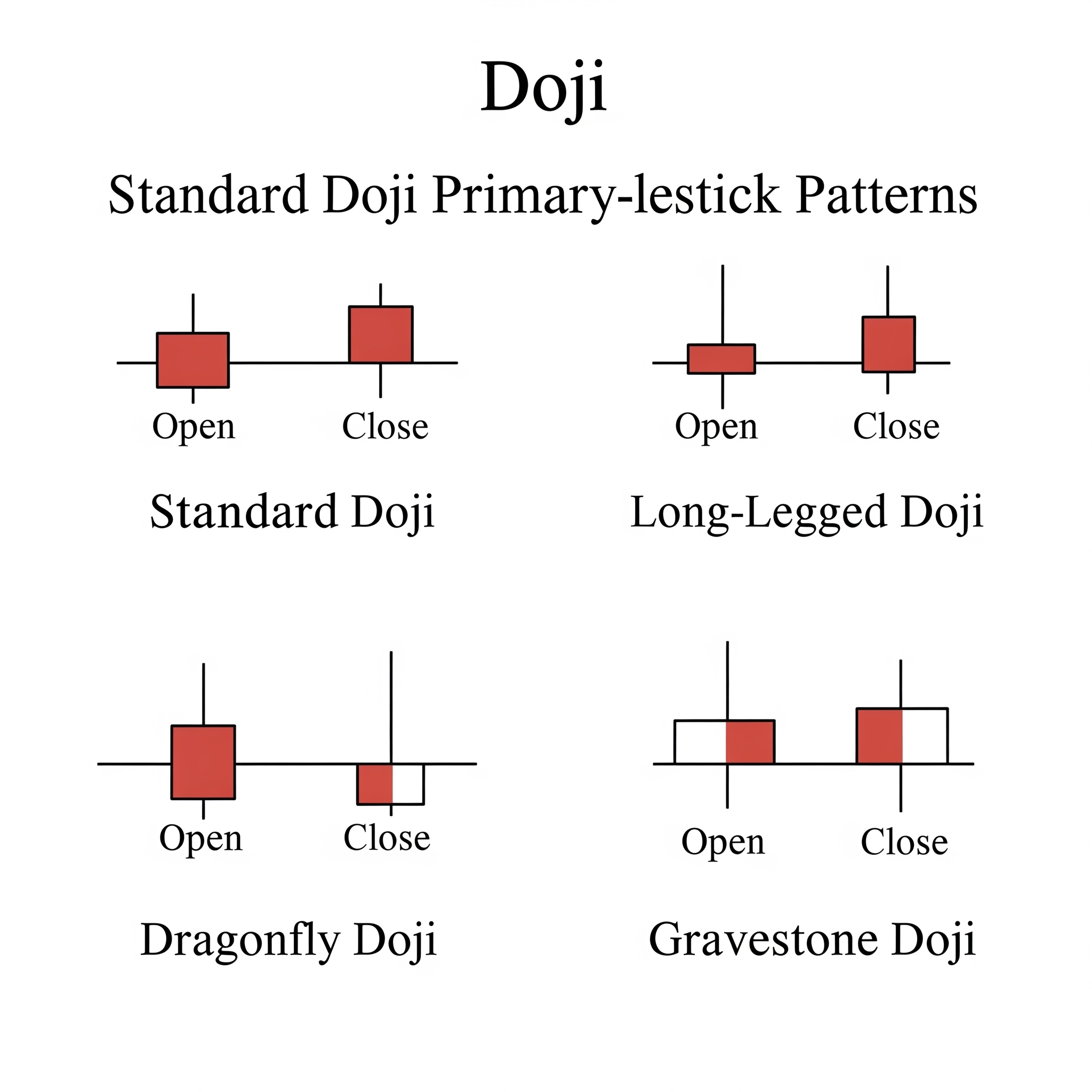 Varianti della candela Doji: Standard, Long-Legged, Dragonfly, Gravestone